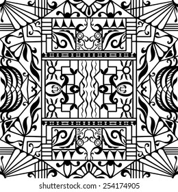 Vector seamless pattern, hand drawn sketch, tribal ethnic ornament, fabric texture. Monochrome background. Black and white