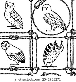 Vetor padrão sem emenda com corujas engraçadas desenhadas à mão em quadros de corda náutica. Desenho a tinta, estilo gráfico decorativo. Lindos elementos de design animal, perfeito para impressões e padrões