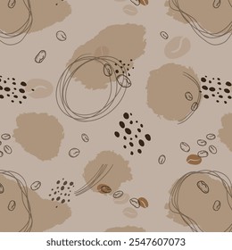 Vector seamless pattern with hand drawn coffee beans isolated on white background. Stamp coffee seeds, stains and texture. Perfect for packaging paper, package design, banners etc.