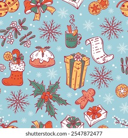 Vector Seamless Pattern of Hand Drawn Outline Christmas and New Year Elements. Christmas Decorations, Gifts, Treats. Colorful Winter Background.