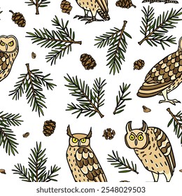 Vector seamless pattern with hand drawn funny owls with conifers twigs and cones. Ink drawing, decorative graphic style. Beautiful animal design elements, perfect for prints and patterns