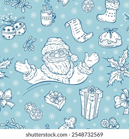 Vector Seamless Pattern of Hand Drawn Outline Christmas and New Year Elements. Happy Santa Claus and Christmas Decorations, Gifts, Treats. Winter Holiday Blue Background.