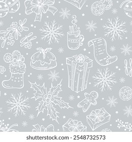 Vector Seamless Pattern of Hand Drawn Outline Christmas and New Year Elements. Christmas Decorations, Gifts, Treats. Winter Gray Silver White Background.