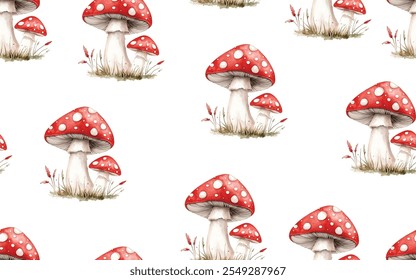 Vector Seamless Pattern with Hand Drawn Cartoon Watercolor Mushrooms on White Background. 