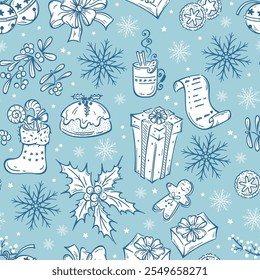 Vector Seamless Pattern of Hand Drawn Outline Christmas and New Year Elements. Happy Santa Claus and Christmas Decorations, Gifts, Treats. Blue Winter Background.