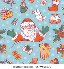 Vector Seamless Pattern of Hand Drawn Outline Christmas and New Year Elements. Happy Santa Claus and Christmas Decorations, Gifts, Treats. Winter Holiday Colorful Background.