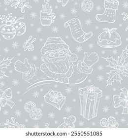 Vector Seamless Pattern of Hand Drawn Outline Christmas and New Year Elements. Happy Santa Claus and Christmas Decorations, Gifts, Treats. Winter Holiday Gray Silver White Background.