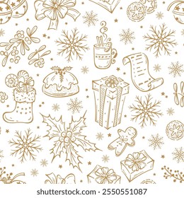 Vector Seamless Pattern of Hand Drawn Outline Christmas and New Year Elements. Christmas Decorations, Gifts, Treats. Winter Golden White Background.