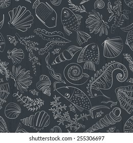 Vector seamless pattern with hand drawn fishes, corrals, shells, seaweeds, sea-horse and other underwater creatures. Ocean background. Tropical sea life design.