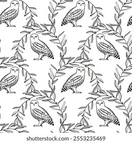 Vector seamless pattern with hand drawn gorgeous snowy owl in floral wreath. Ink drawing, decorative graphic style. Beautiful animal design elements, perfect for prints and patterns