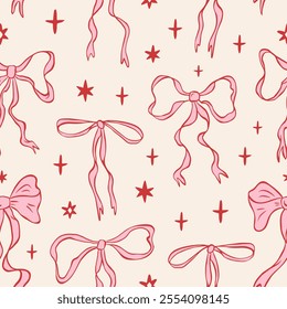 Vector seamless pattern with hand drawn red and pink bow knots, gift bows, ribbons, stars. Cute coquette background. Wedding celebration print, party decoration, wrapping paper, textile design. 