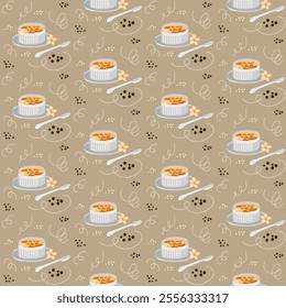 Vector seamless pattern, hand drawn flat creme brulee, french dessert on a plate with spoon, symbol of France, traditional cuisine.
