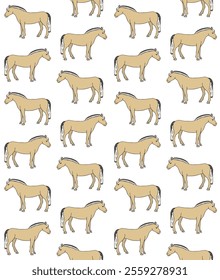 Vector seamless pattern of hand drawn sketch doodle colored fiord horse isolated on white background