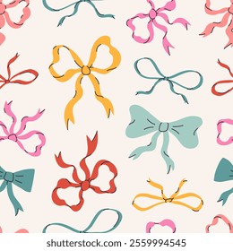 Vector seamless pattern with hand drawn colorful bow knots, gift bows. Cute holiday background. Wedding celebration print, party decoration, wrapping paper, textile design.