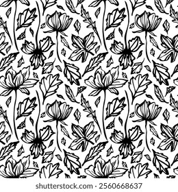 Vector seamless pattern with hand drawn flowers and leaves, black and white monochrome linear drawing. botanical illustration, elegant floral line art for textile, packaging, wallpaper, covers, prints