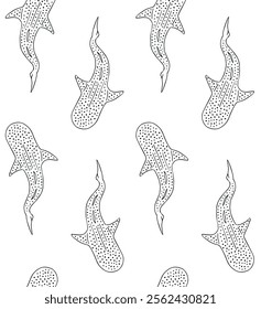 Vector seamless pattern of hand drawn sketch doodle outline whale shark isolated on white background