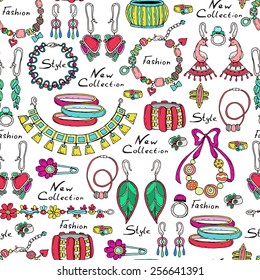 Vector seamless pattern with hand drawn and fashionable jewelry for women. Background for use in design, web site, packing, textile, fabric