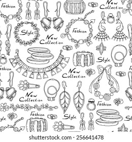 Vector seamless pattern with hand drawn and fashionable jewelry on white color. Background for use in design, web site, packing, textile, fabric