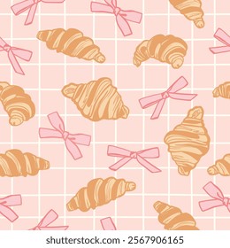 Vector seamless pattern with hand drawn pink bows and croissants. Cute girlie background in coquette core