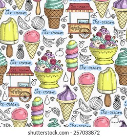 Vector seamless pattern with hand drawn ice cream and fruits. Background for use in design, web site, packing, textile, fabric