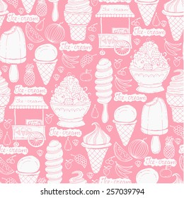Vector seamless pattern with hand drawn ice cream and fruits on pink background. Background for use in design, web site, packing, textile, fabric