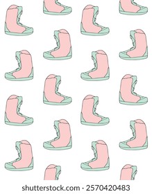 Vector seamless pattern of hand drawn sketch doodle colored snowboard boot isolated on white background