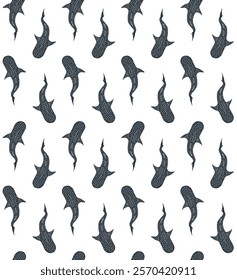 Vector seamless pattern of hand drawn sketch doodle whale shark isolated on white background