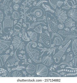 Vector seamless pattern with hand drawn fishes, corrals, shells, seaweeds, sea-horse and other underwater creatures. Ocean background. Tropical sea life design.