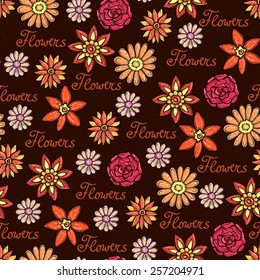 Vector seamless pattern with hand drawn spring flower on dark background. Background for use in design, web site, packing, textile, fabric