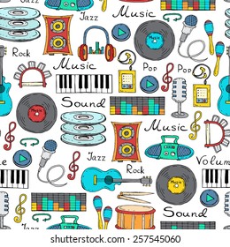 Vector seamless pattern with hand drawn symbols of music. Background for use in design, web site, packing, textile, fabric