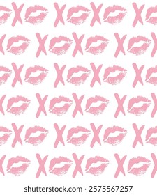 Vector seamless pattern of hand drawn sketch doodle pink xoxo lettering with lips imprint isolated on white background