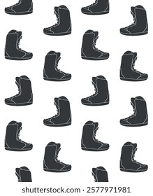 Vector seamless pattern of hand drawn sketch doodle snowboard boot isolated on white background