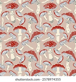 Vector seamless pattern with hand drawn cartoon mushrooms. Amanita Muscaria, fly agaric mushroom design template. Seamless floral print with magic mushroom.