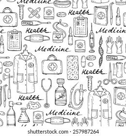 Vector seamless pattern with hand drawn medical symbols on white background. Background for use in design, web site, packing, textile, fabric