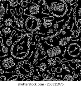 Vector seamless pattern with hand drawn and fashionable jewelry on black color. Background for use in design, web site, packing, textile, fabric