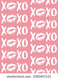 Vector seamless pattern of hand drawn sketch doodle xoxo lettering with lips imprint isolated on pink background
