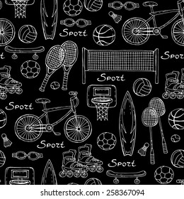 Vector seamless pattern with hand drawn sport equipment on black background. Background for use in design, web site, packing, textile, fabric