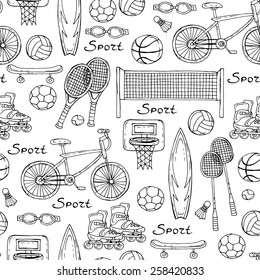 Vector seamless pattern with hand drawn sport equipment on white background. Background for use in design, web site, packing, textile, fabric