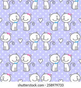 vector seamless pattern of hand drawn cats and hearts on polka dots background