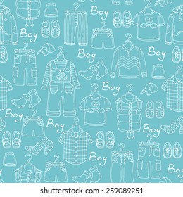 Vector seamless pattern with hand drawn and fashionable clothes for little boys on blue background. Background for use in design, web site, packing, textile, fabric?