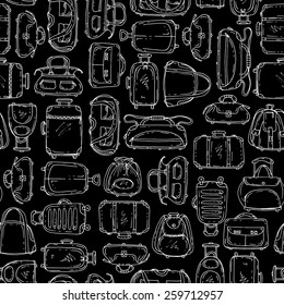 Vector seamless pattern with hand drawn suitcases and bags on black background. Background for use in design, web site, packing, textile, fabric