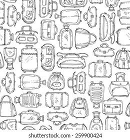 Vector seamless pattern with hand drawn suitcases and bags on white background. Background for use in design, web site, packing, textile, fabric
