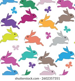 Vector seamless pattern with hand drawn colorful Easter bunnies and butterflies on transparent background. For textile, wallpaper and packaging
