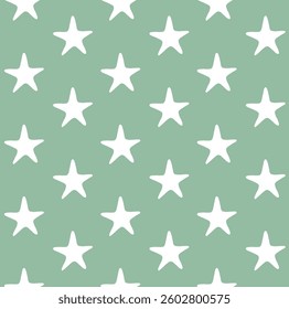 Vector seamless pattern of hand drawn starfish silhouette isolated on green background