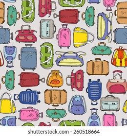 Vector seamless pattern with hand drawn suitcases and bags on gray background. Background for use in design, web site, packing, textile, fabric