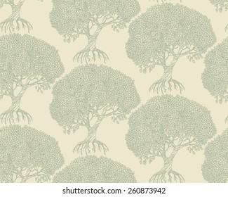Vector seamless pattern from hand drawn old trees on light beige background