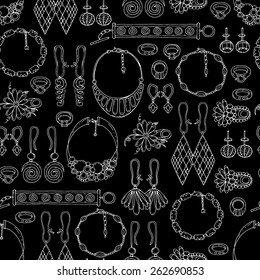 Vector seamless pattern with hand drawn and fashionable jewelry on black color. Background for use in design, web site, packing, textile, fabric