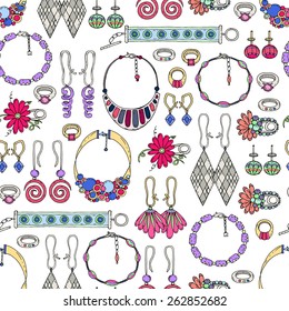 Vector seamless pattern with hand drawn and fashionable jewelry on white background. Background for use in design, web site, packing, textile, fabric