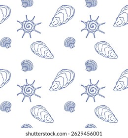 Vetor padrão sem emenda com ostras desenhadas à mão, moluscos, conchas marinhas. Verão marinho repetir fundo, textura de esboço simples para têxtil, vestuário, papel de embrulho, decoração. Projeto náutico desenhado à mão linear
