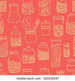 Vector seamless pattern with hand drawn kitchen jars filled with different meals. Cool design elements.